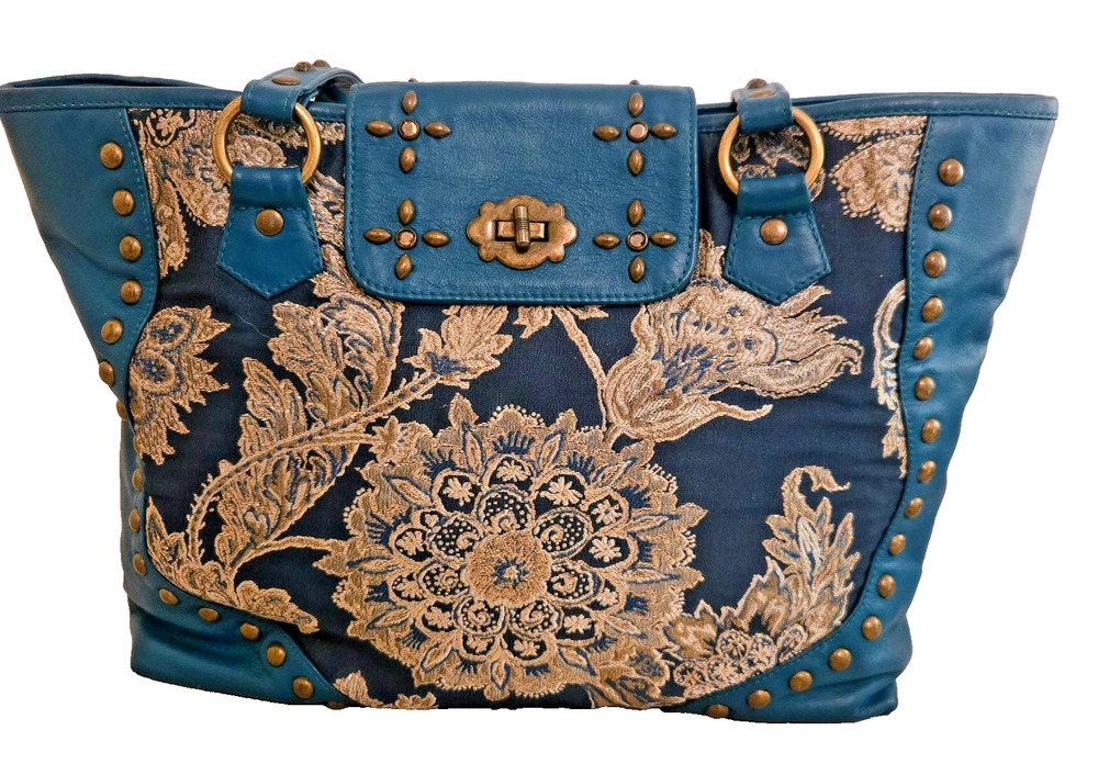 Vintage Isabelle Fiore Turquoise Leather Brass Studs Floral Y2k 1990s Purse